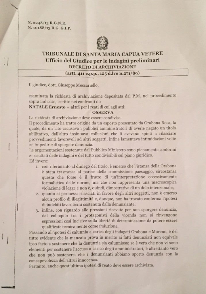 Decreto archiviazione della denuncia per concussione di Moreno_Pagina_1